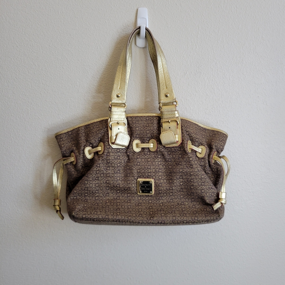 Dooney & Bourke Brown & Gold Metallic Chiara Tote Double Strap Shoulder Bag.